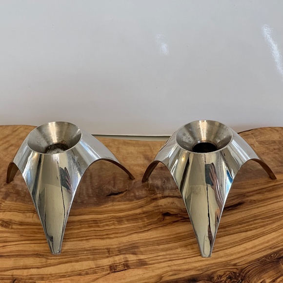 MCM AS Solingen Germany Candle Holders Brushed Steel Tripod Atomic 2 Set EUC - Picture 3 of 15